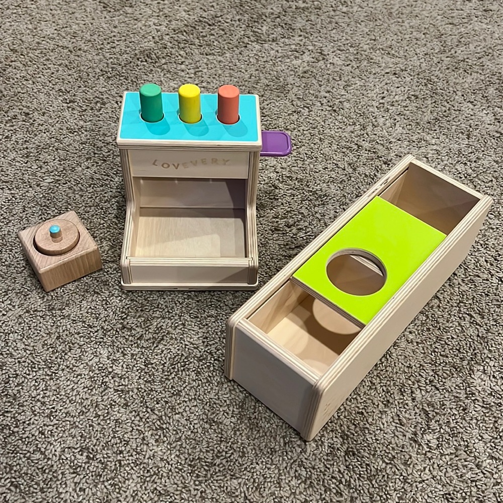 Lovevery wooden peg drop, sliding top box, pincer puzzle